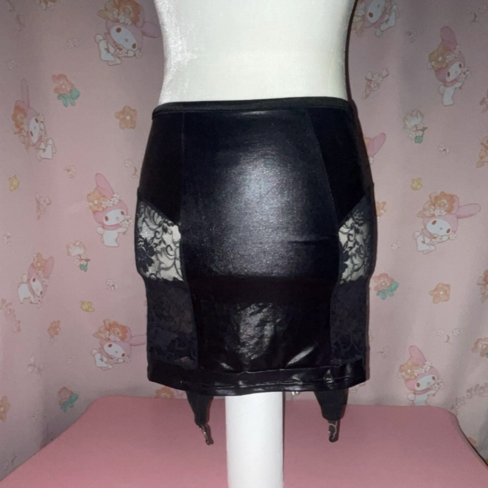 Black Lace and Faux Leather Lace-up Mini Skirt with Garter Straps